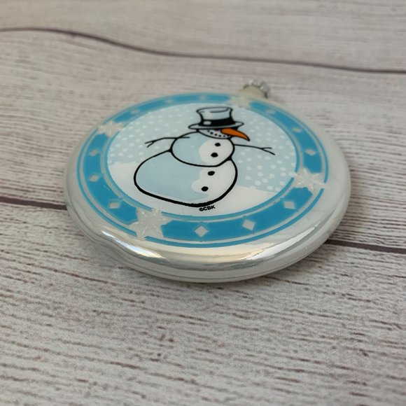 Glass Snowman Christmas Ornament Round Flat White Blue Holiday Tree Decor 4 1/4" - Picture 2 of 5
